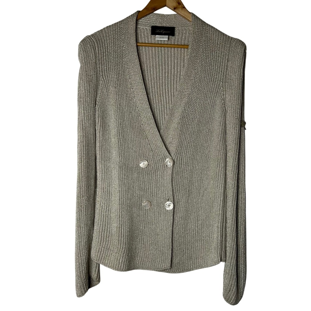 Les Copains Italy Cardigan Size 40/US 8 Knit‎ Wool Blend Metallic Cardigan Beige